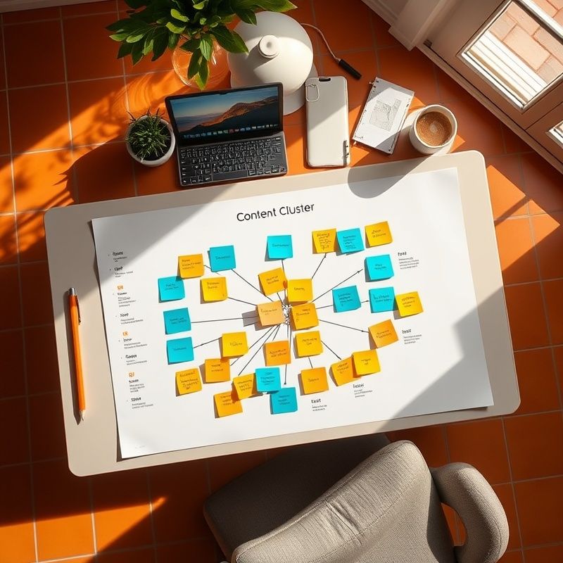 Mapa de clusters editoriales impreso con notas adhesivas en tonos teal y ámbar