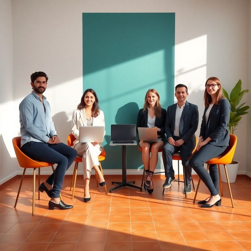 Retrato del equipo de Estudio de Madrid en un estudio moderno con pared teal y suelo ocre