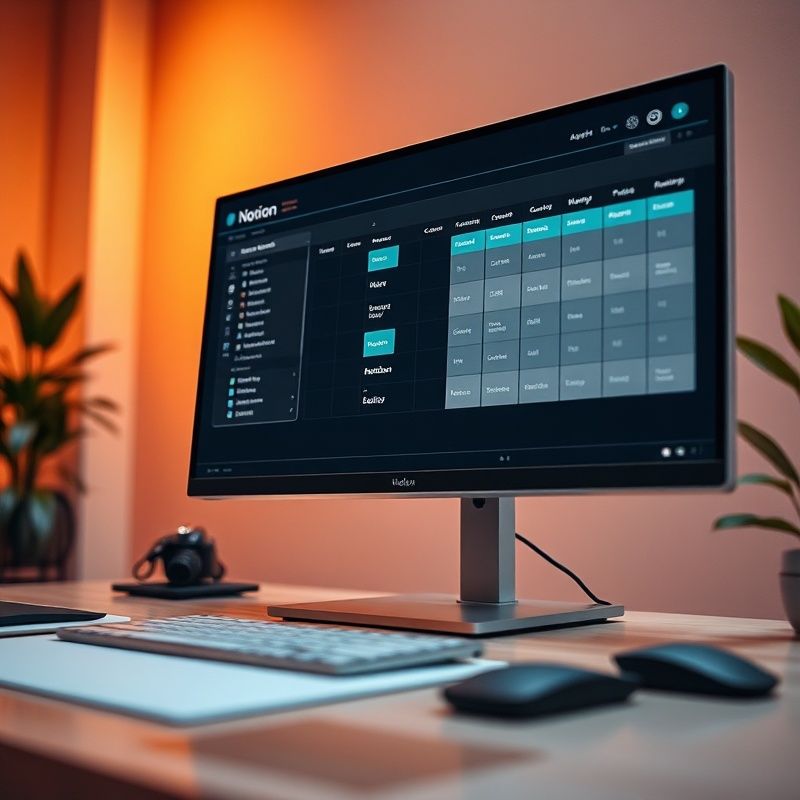 Pipeline editorial en Notion con etiquetas teal y columnas ordenadas en un monitor amplio
